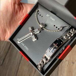 Stainless steel cross necklace & chain bracelet
